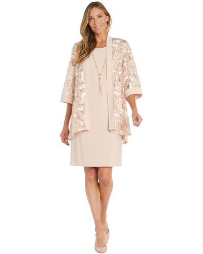 R & M Richards Embroidered Lace Jacket & Necklace Dress - Natural