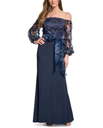 Eliza J Square-neck Floral-embroidery Gown - Blue