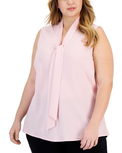 Kasper Plus Size Tie-neck Sleeveless Blouse - Pink