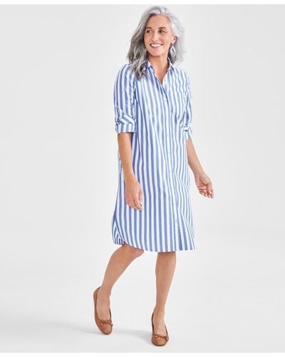Style & Co. Petite Perfect Striped Cotton Shirtdress - Blue