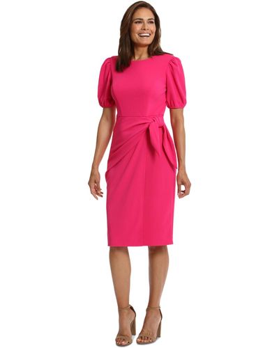 London Times Puff-sleeve Sarong-tie Midi Dress - Pink