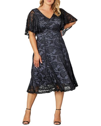 Kiyonna Plus Size Camille Lace Cocktail Dress - Blue