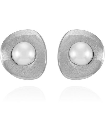 Tahari Tone Imitation Pearls Clip On Button Earrings - Gray