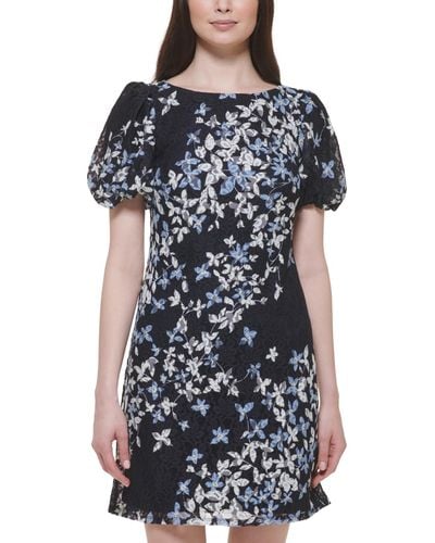 Jessica Howard Floral-print Puff-sleeve Lace Sheath Dress - Blue