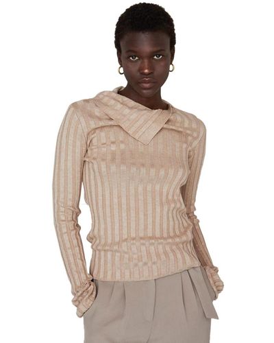 Crescent Raven Neck Flap Ribbed Sweater Top - Natural