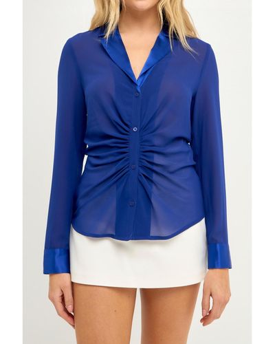 Endless Rose Front Ruched Chiffon Blouse - Blue