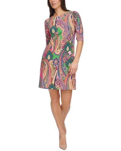 Tommy Hilfiger Petite Paisley Ruched-sleeve Jersey Shift Dress - Red