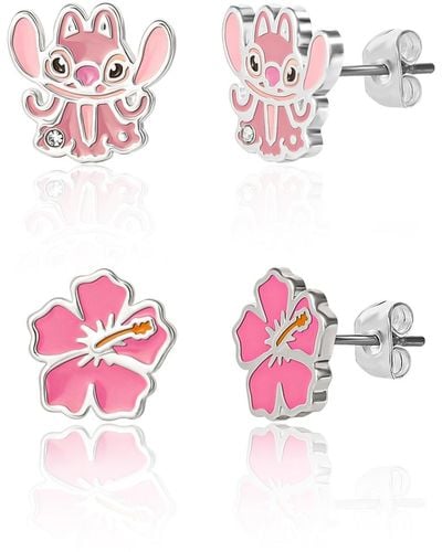 Disney Lilo And Stitch Silver Plated Angel & Flower Stud Earring Set - Pink