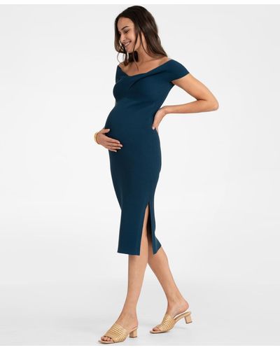 Seraphine Off-the-shoulder Knitted Maternity Dress - Blue