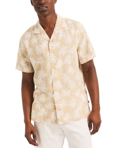 Nautica Linen-blend Palm Print Short Sleeve Camp Shirt - Natural