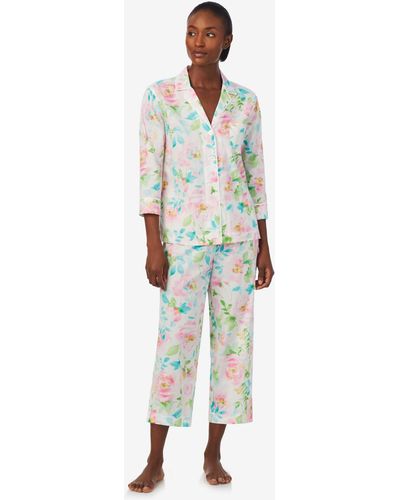 Lauren by Ralph Lauren 2-pc 3/4 Sleeve Notch Collar Top And Capri Pants Pajama Set - Green