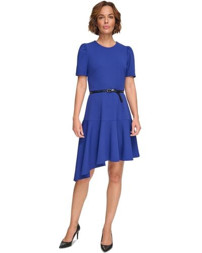DKNY Belted Asymmetric-hem Ruffle Dress - Blue