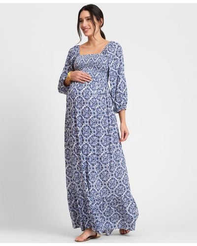 Seraphine Maternity Crepe Shirred Bodice Maxi Dress - Blue