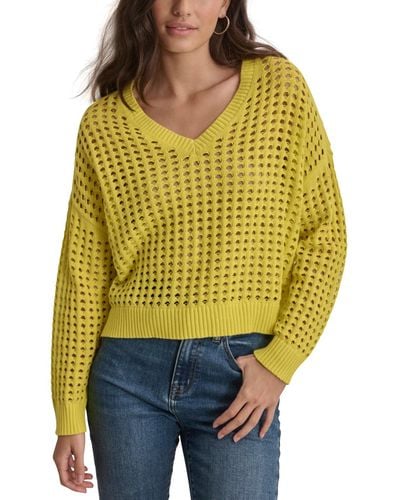 DKNY V-neck Open-stitch Cotton Sweater - Yellow