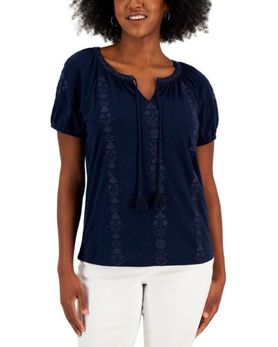 Style & Co. Cotton Embroidered Peasant Top - Blue