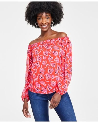 INC International Concepts Long-sleeve Off-the-shoulder Blouse - Red