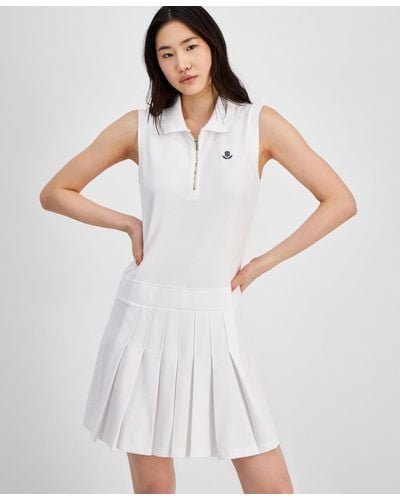 Tommy Hilfiger Collared Pleated Sleeveless A-line Dress - White