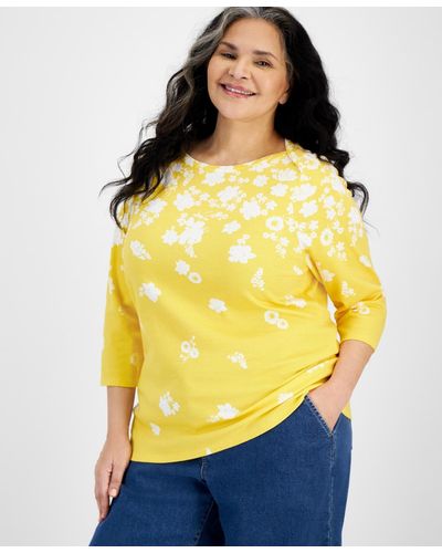 Style & Co. Plus Size Printed Pima Cotton 3/4-sleeve Top - Yellow