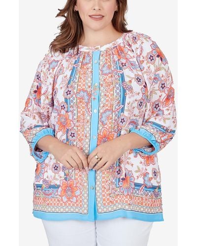 Ruby Rd. Plus Size Button Front Floral Printed Crepe Georgette Blouse - Red