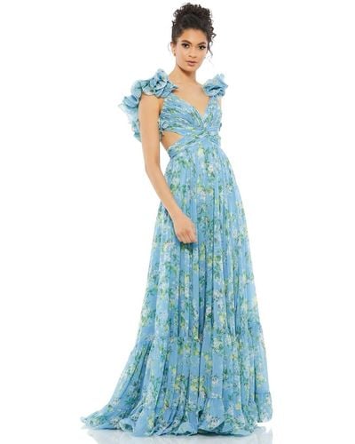 Mac Duggal Ruffle Tiered Floral Cut-out Chiffon Gown - Blue