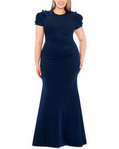 Xscape Plus Size 3d-flower Short-sleeve Side-pleated Gown - Blue