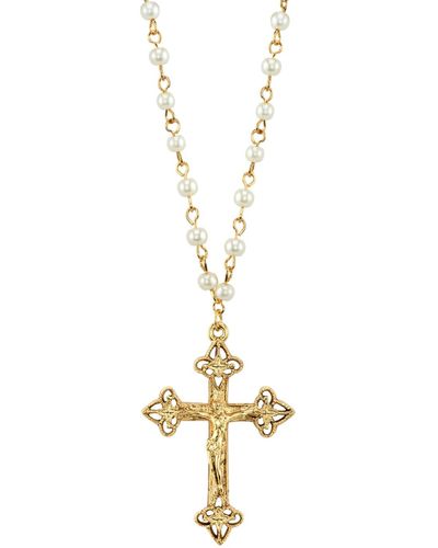 2028 14k Gold Tone Simulated Pearl Chain Crucifix Cross Pendant Necklace 16" Adjustable - White