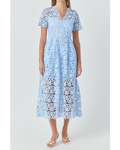 Endless Rose All Over Lace Short Sleeves Midi Dress - Blue