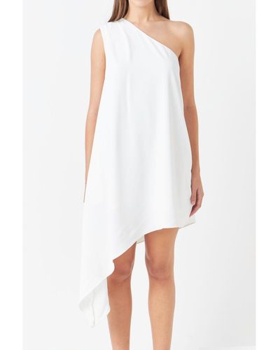 Endless Rose Shoulder Pin Tucked Asymmetrical Mini Dress - White