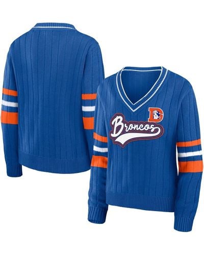 WEAR by Erin Andrews Distressed Denver Broncos Throwback V-neck Sweater - Blue