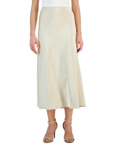 Tahari Solid Satin Side-zip Midi Skirt - Natural