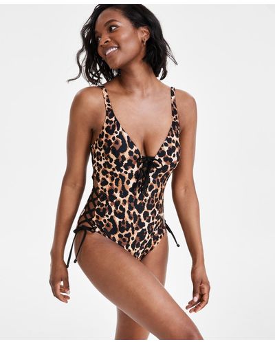 BarIII Lace-up Cheetah Print Swimsuit - Black