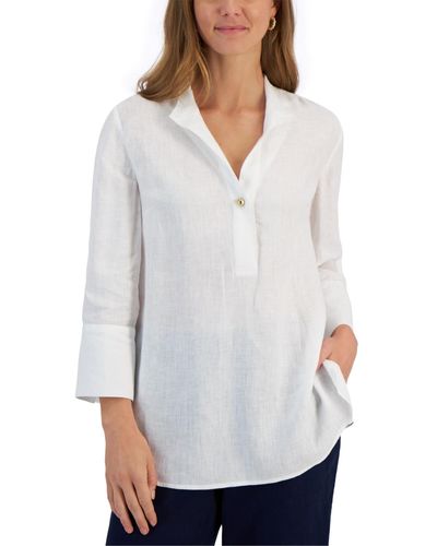 Charter Club 100% Linen Solid-color Popover Blouse - White