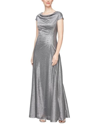 Alex Evenings Metallic Ruched Cowl-back Gown - Gray