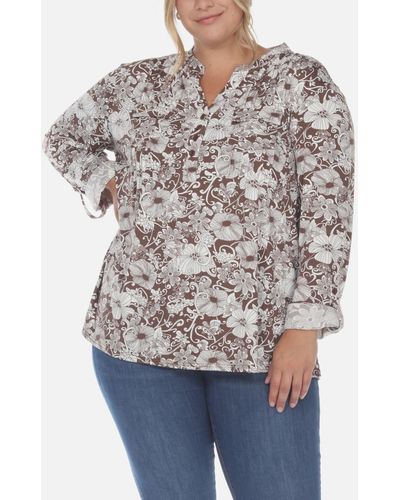White Mark Plus Size Pleated Long Sleeve Floral Print Blouse - Gray