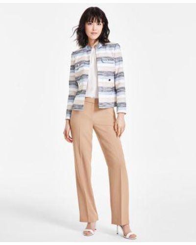 Anne Klein Striped Tweed Collarless Jacket Pleat Front Sleeveless Top Straight Leg Pants - White