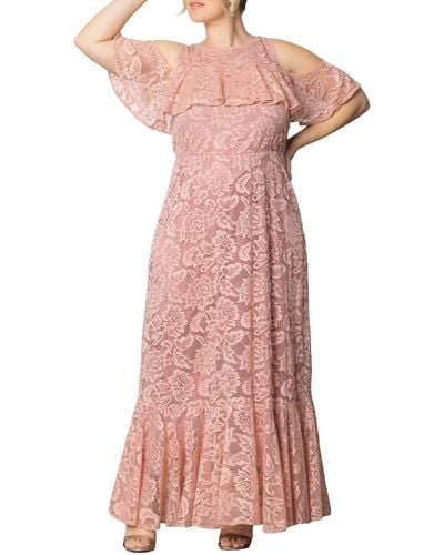 Kiyonna Plus Size Riviera Lace Cold Shoulder Maxi Dress - Pink