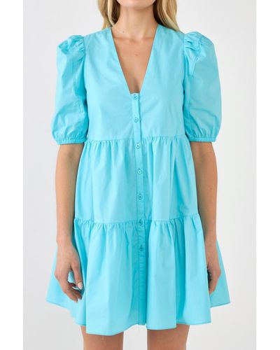 English Factory V-neck Button Down Babydoll Dress - Blue