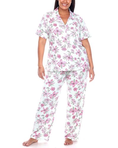 White Mark Plus Size Short Sleeve Pants Tropical Pajama Set - White