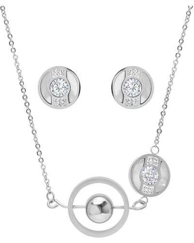 Steeltime Ladies Stainless Steel Circle And Bar Design Necklace Set - Metallic