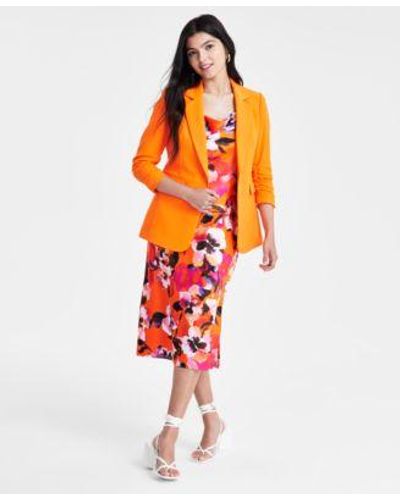 BarIII Textured Jacket Printed Cowlneck Dress Created For Macys - Orange