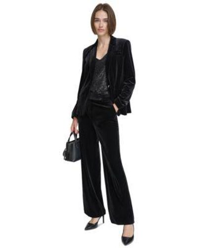 Calvin Klein Petite Velvet One Button Jacket Sequined Camisole Velvet Wide Leg Pants - Black