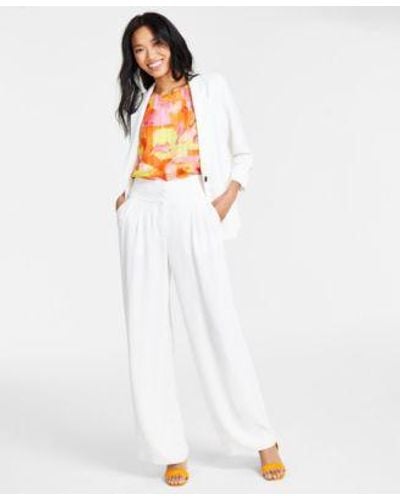 Cece Relaxed 3 4 Sleeve Twill Blazer Printed Metallic Flutter Sleeve Top Pleated Front Wide Leg Twill Pants - White