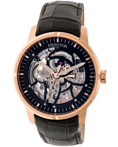 Heritor Automatic Ryder & Rose Gold & Leather Watches 44mm - Black
