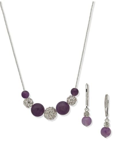 Anne Klein Silver-tone Pave Fireball & Gemstone Statement Necklace & Drop Earrings Set - Metallic