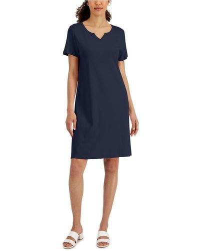 Karen Scott Petite Cotton Split-neck Dress, Created For Macy's - Blue