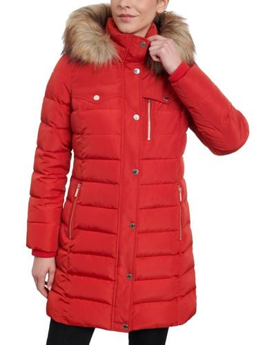 Michael Kors Faux-fur-trim Hooded Puffer Coat, Regular & Petite, Created For Macy's - Red