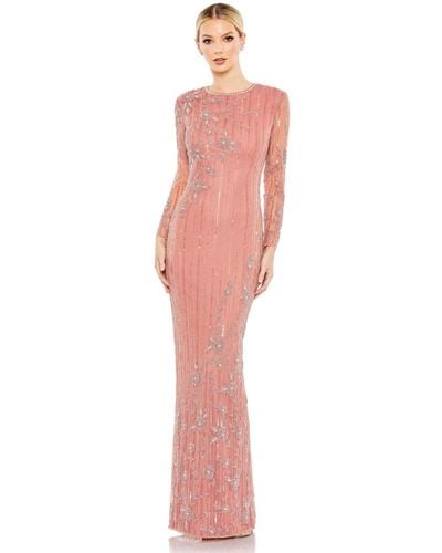 Mac Duggal Embellished High Neck Illusion Long Sleeve Gown - Pink