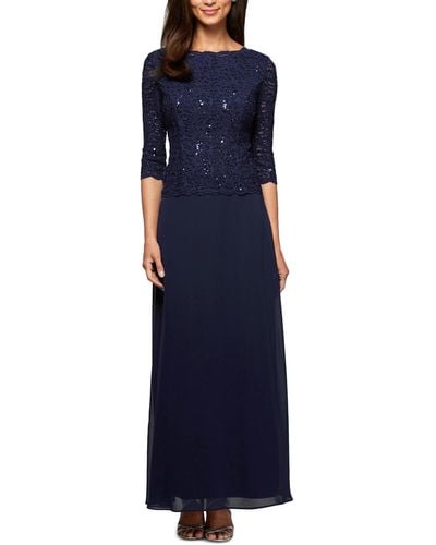 Alex Evenings Dress, Elbow-sleeve Sequined Lace Gown - Blue