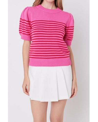 English Factory Stripe Short Puff Sleeve Sweater - Pink