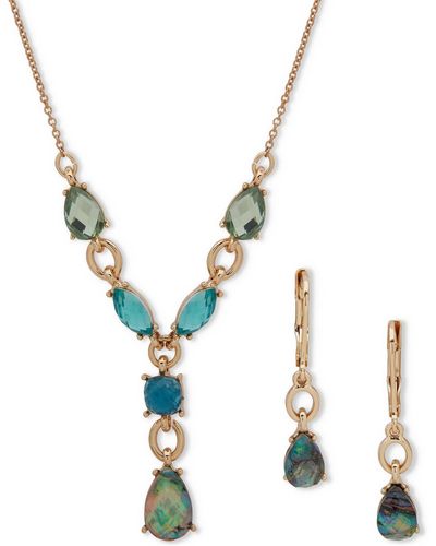 Anne Klein Gold-tone Crystal Lariat Necklace & Drop Earrings Set - Metallic